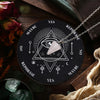 A black divination wheel with yes maybe and reprise options, set against a dark wooden background.