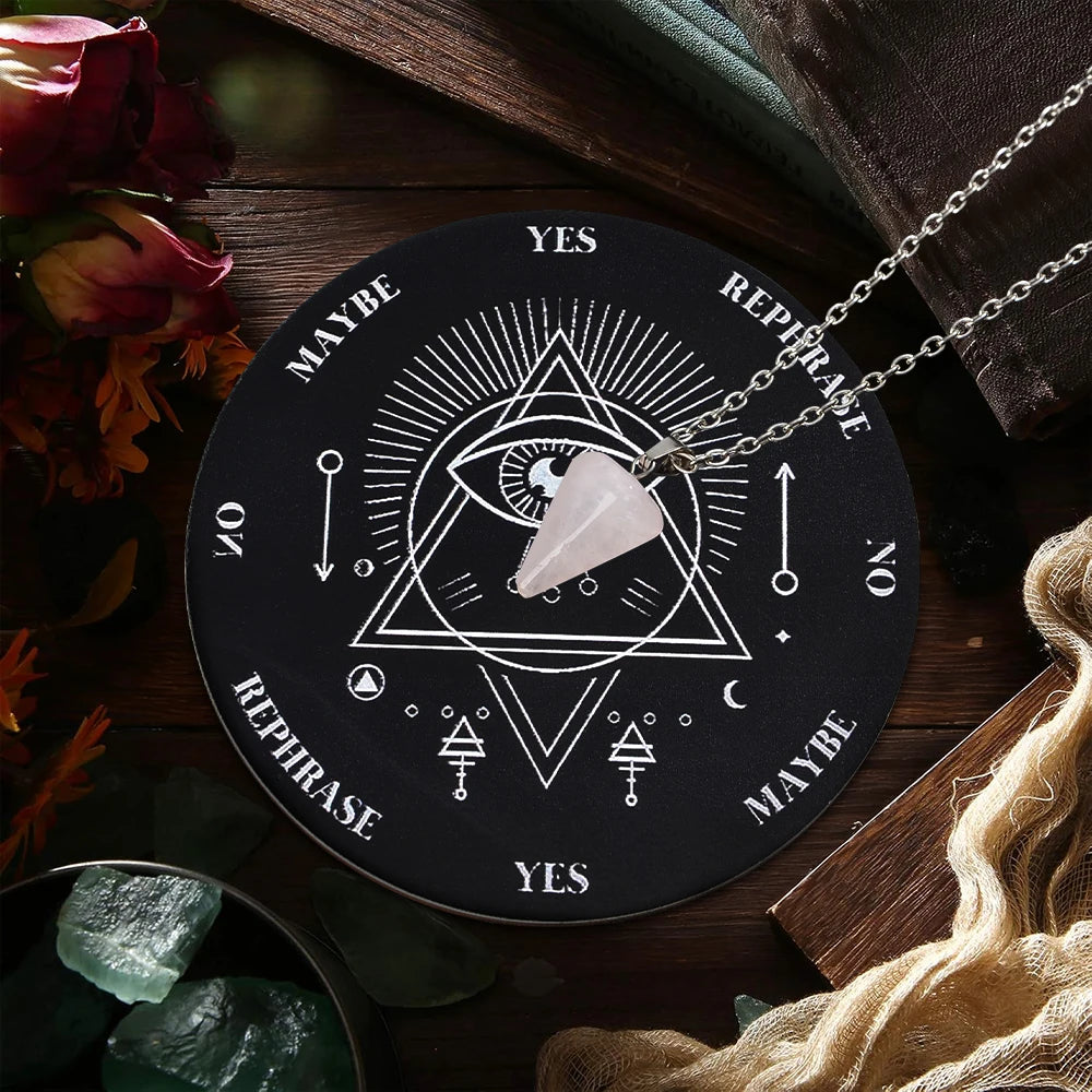 A black divination wheel with yes maybe and reprise options, set against a dark wooden background.
