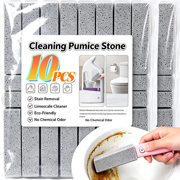 A pink pumice stone cleaning stick is shown being used to remove stains on a white plate.