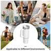 A white stainless steel travel tumbler mug shown in various lifestyle contexts.