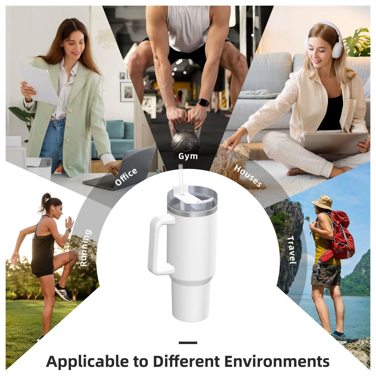 A white stainless steel travel tumbler mug shown in various lifestyle contexts.