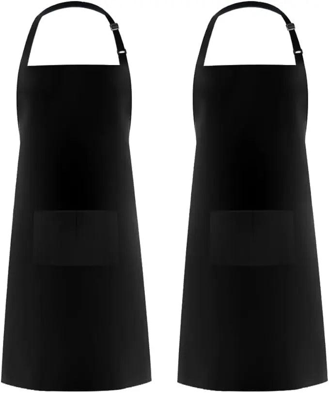 A black adjustable two-piece solid color chef apron shown from the front.