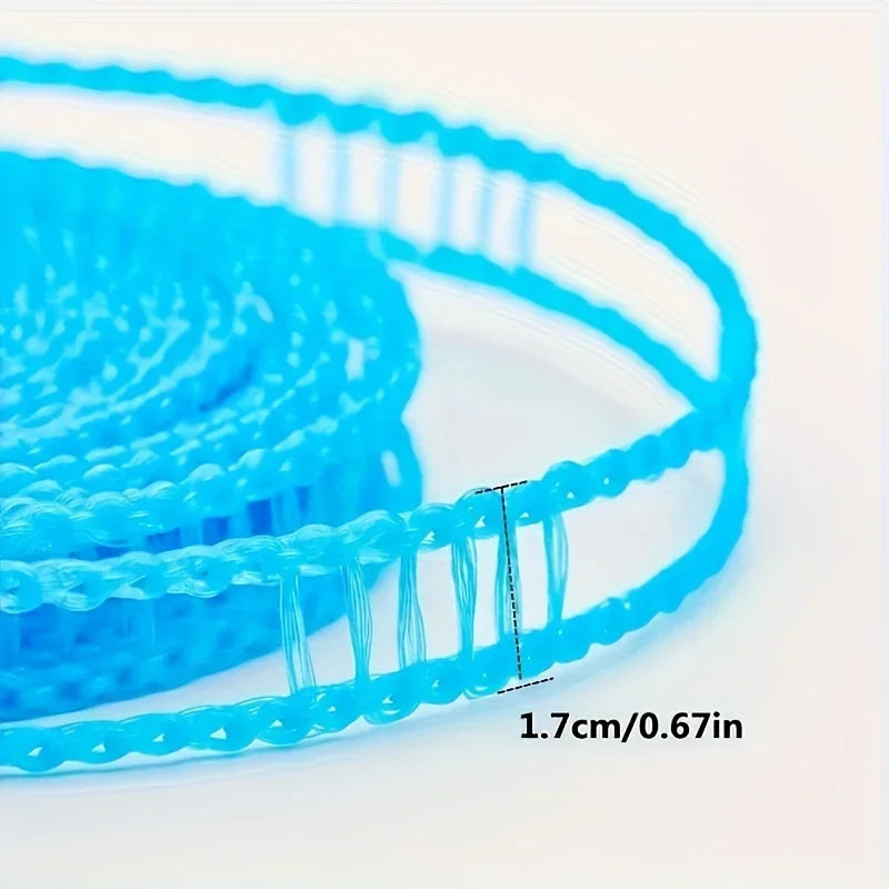 A close-up of a blue heavy-duty portable clothesline showing its braided structure.