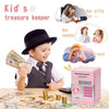 A child is shown with a black hat and vest surrounded by coins and paper money, next to a pink electronic piggy bank.