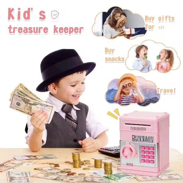 A child is shown with a black hat and vest surrounded by coins and paper money, next to a pink electronic piggy bank.
