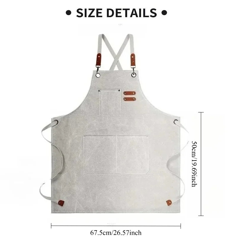 A light gray oil-proof canvas apron with straps and utility pockets shown flat.
