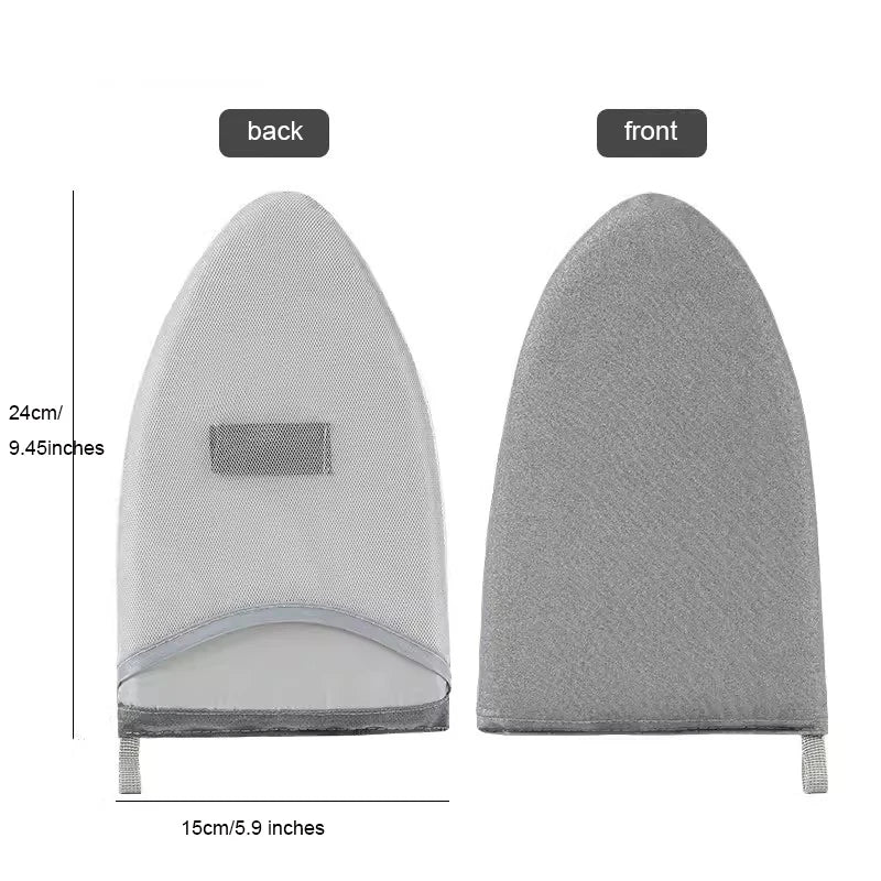 A heat resistant ironing pad shown from the back and front, gray in color.