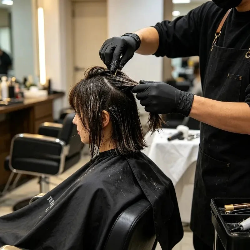 A person wearing black disposable nitrile gloves is styling a client's hair in a salon setting.