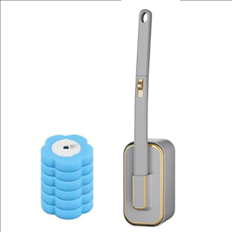 A disposable toilet brush set with a long gray handle and a blue cleaning head.
