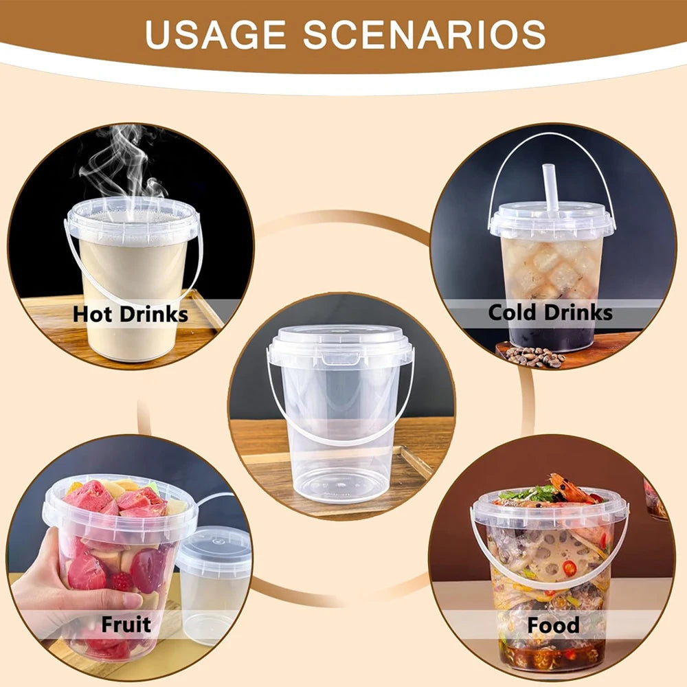 Image showing various usage scenarios for sturdy disposable plastic cups with lids and straws, including hot drinks, cold dri