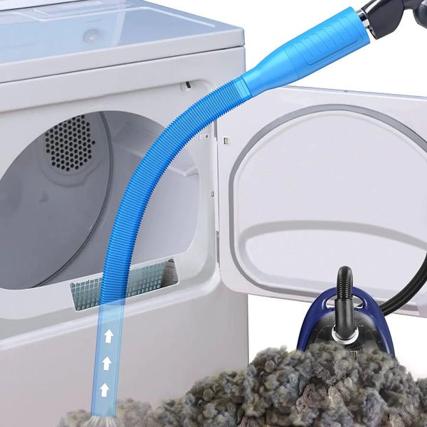 A blue flexible brush attachment for cleaning dryer vents is shown next to a white washing machine.