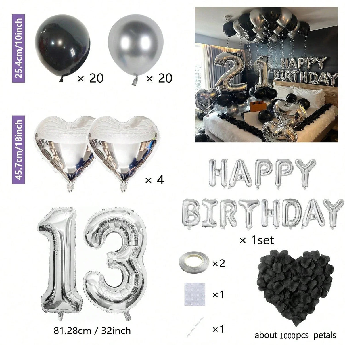 Bulk set of silver and black balloons including round, letter, and heart shapes for parties