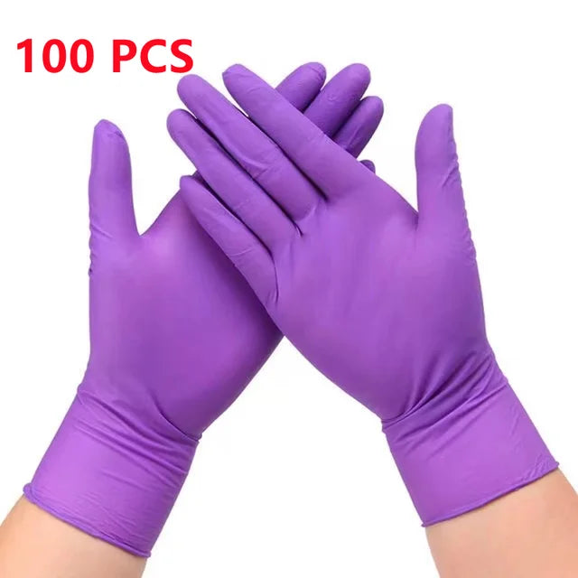 A pair of purple disposable nitrile cleaning gloves being shown on a hand, with the text 100 PCS visible.