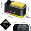 Distributeur de savon noir avec une barre de savon jaune, montrant les dimensions et le volume de remplissage.