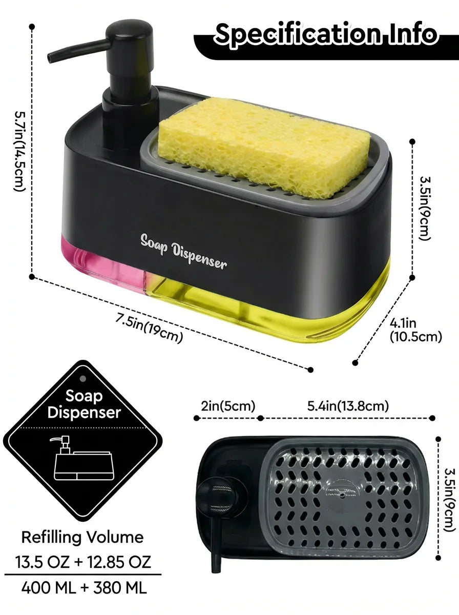 Distributeur de savon noir avec une barre de savon jaune, montrant les dimensions et le volume de remplissage.