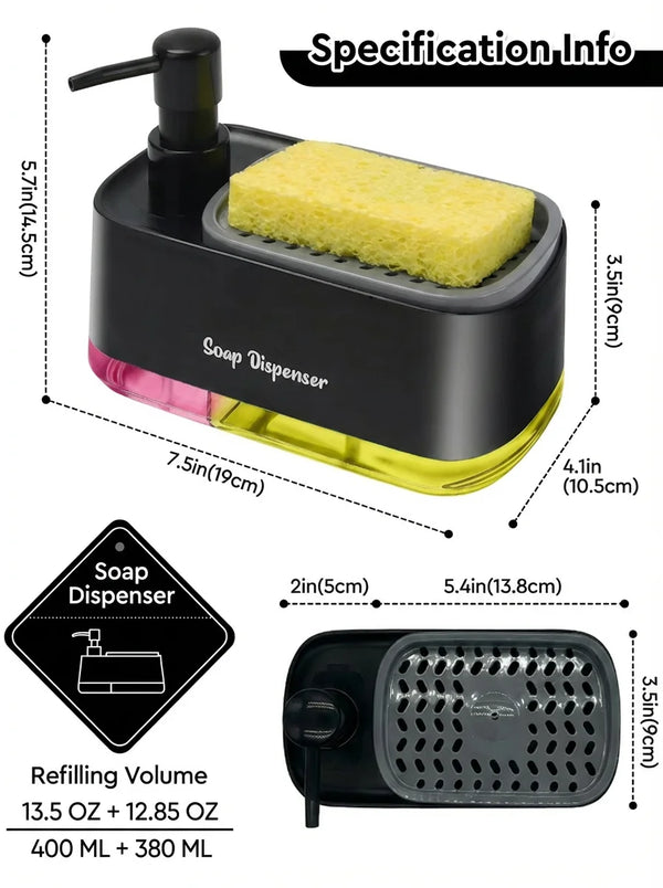 Dispensa de jabón negra con una barra amarilla, mostrando dimensiones y volumen de relleno.