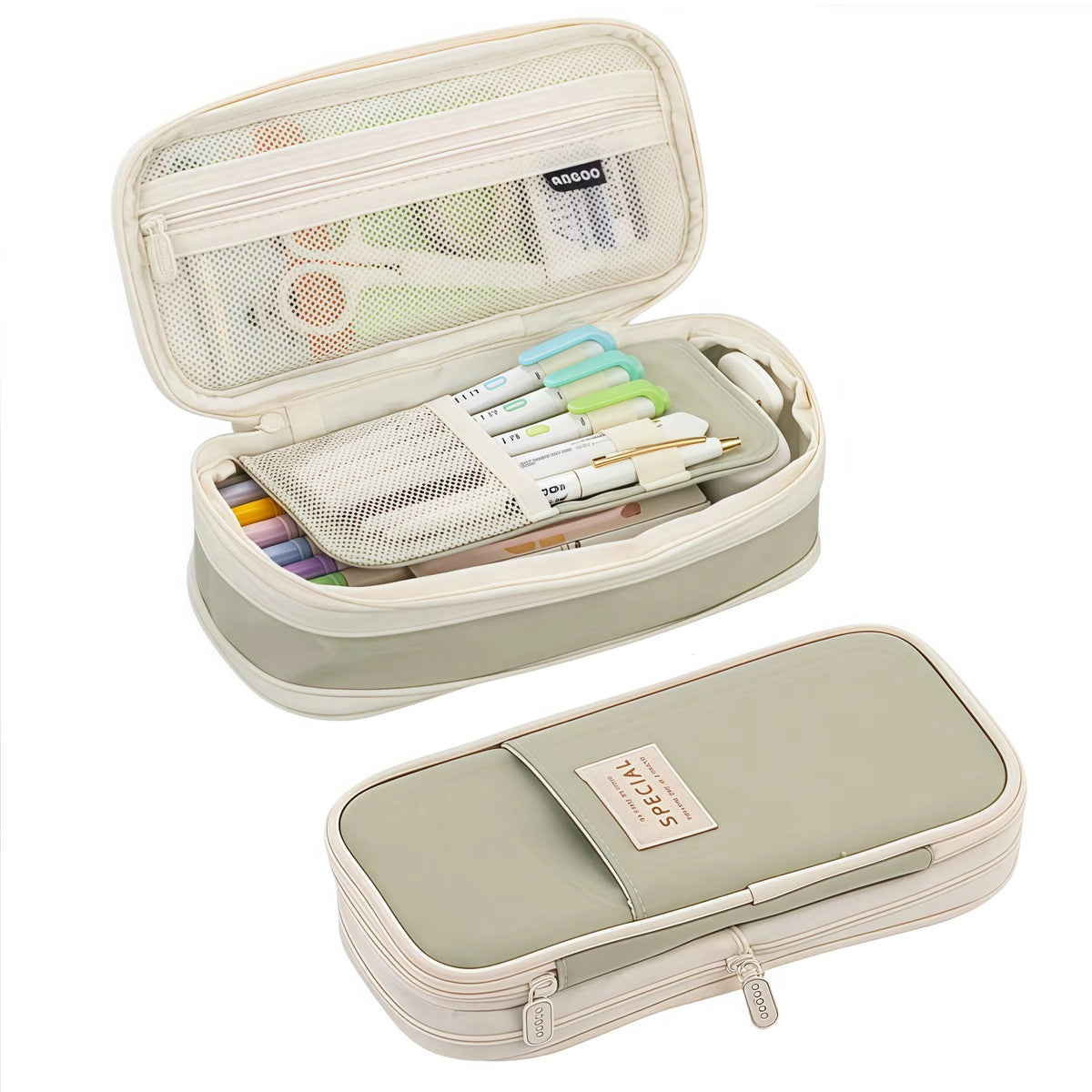 A light green fabric pencil case with a clear window showing various writing instruments and supplies.