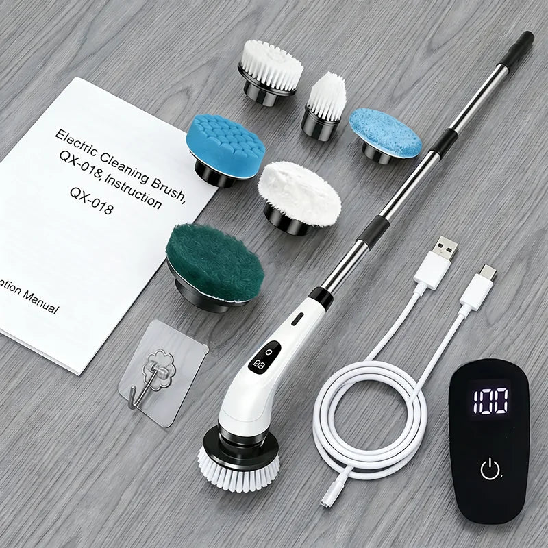 A set of electric cleaning brushes and accessories for scrubbing, including various brush heads and a power tool.
