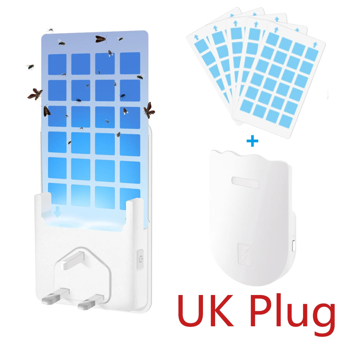 An adhesive mosquito killer lamp with a night light and UK plug is shown alongside a stack of blue tiles.