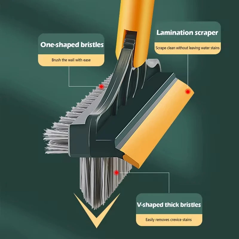 A close-up of a yellow handle holding a black scrubbing brush with one-shaped and V-shaped bristles for deep cleaning