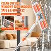 A white window cleaning tool with orange cleaning pads is shown cleaning a window, demonstrating easy outdoor window cleaning
