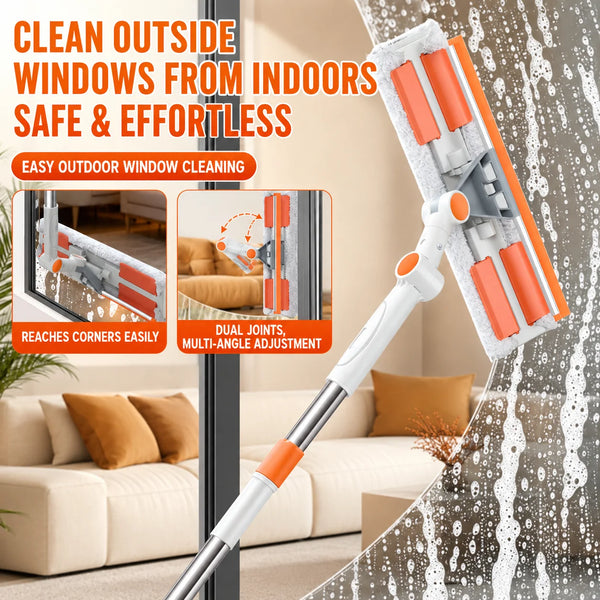 A white window cleaning tool with orange cleaning pads is shown cleaning a window, demonstrating easy outdoor window cleaning