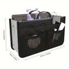 A black foldable cosmetic organizer pouch with multiple compartments for storing makeup and toiletries.