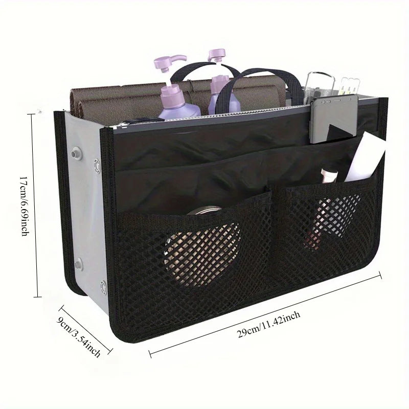 A black foldable cosmetic organizer pouch with multiple compartments for storing makeup and toiletries.
