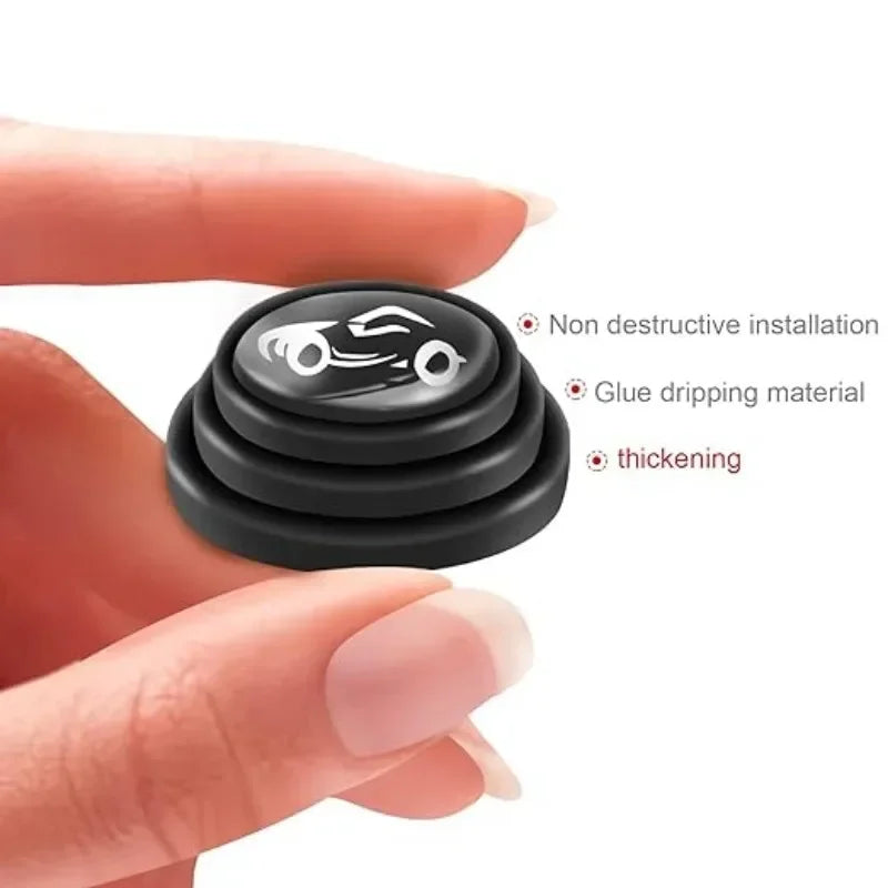 A hand is applying a black car door anti-collision gasket to a car door, demonstrating non-destructive installation and glue 
