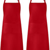A solid red chef apron with two pockets and adjustable straps.