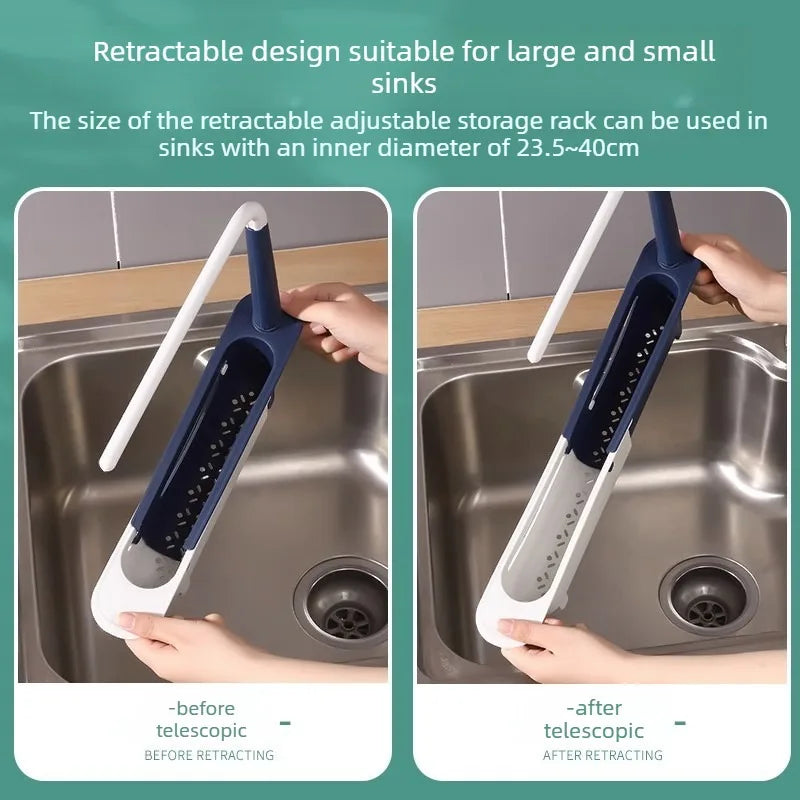 A white and blue retractable dish rack organizer is shown being used in a stainless steel kitchen sink.