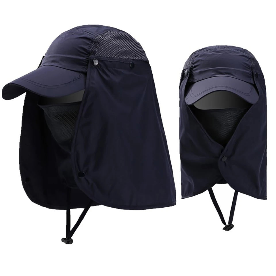 Navy blue UV protection fishing sun hat shown folded with a mesh visor
