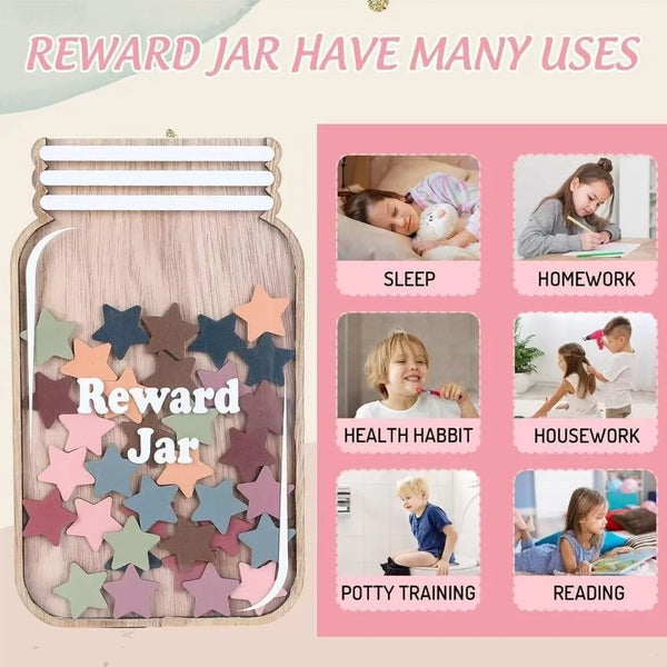 A wooden reward jar filled with colorful stars used for behavior rewards.