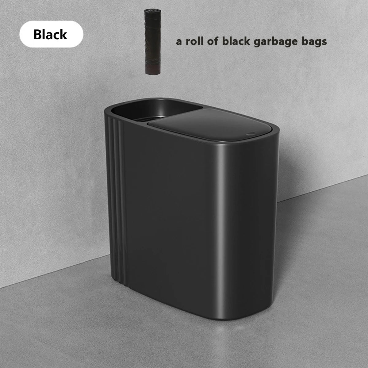 A sleek black odor-sealing trash can with a press lid, shown on a gray surface.