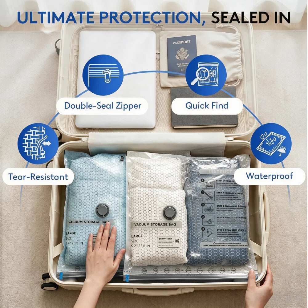 A hand is opening a suitcase to show vacuum storage bags and other travel items inside.
