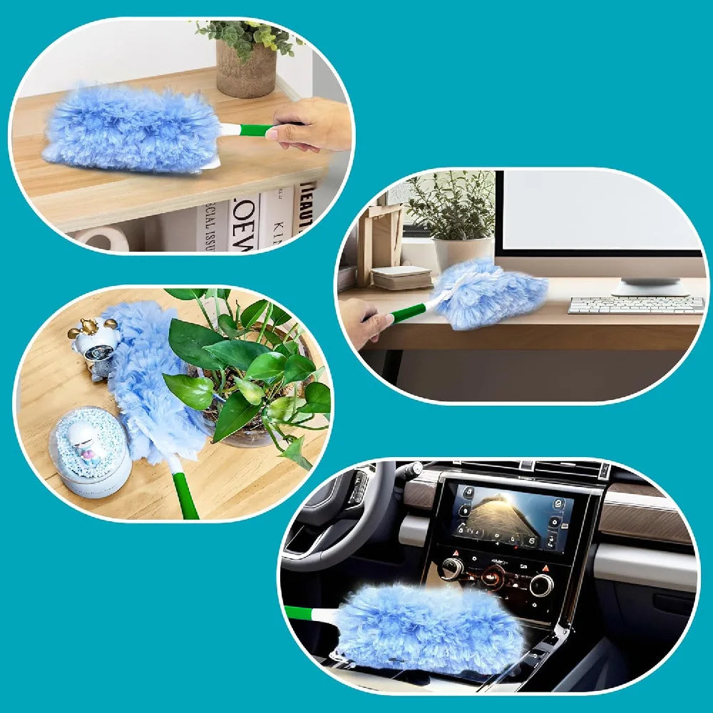 Ein blauer elektrostatischer Staubentferner wird auf einen Laptop und eine Oberfläche verwendet.