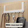 White heavy-duty adhesive door hooks with 6 hooks, measuring 11cm high, mounted on a wooden surface.