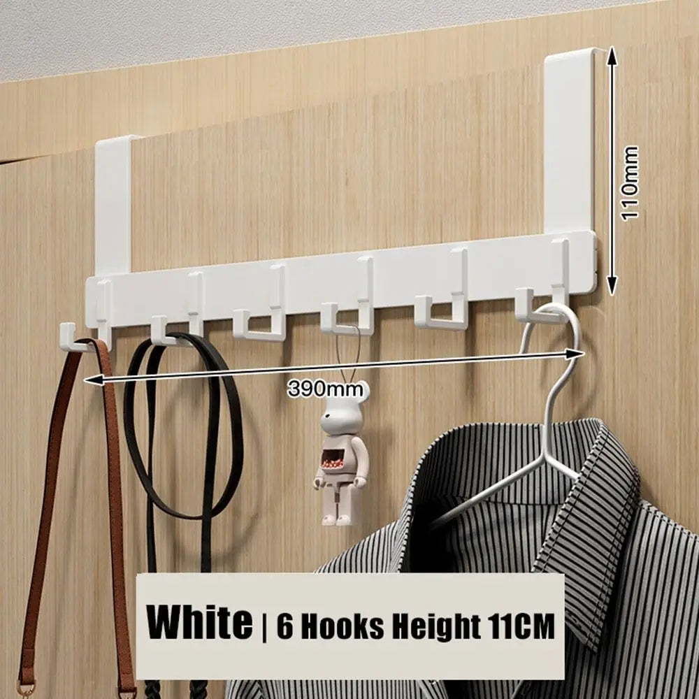 White heavy-duty adhesive door hooks with 6 hooks, measuring 11cm high, mounted on a wooden surface.