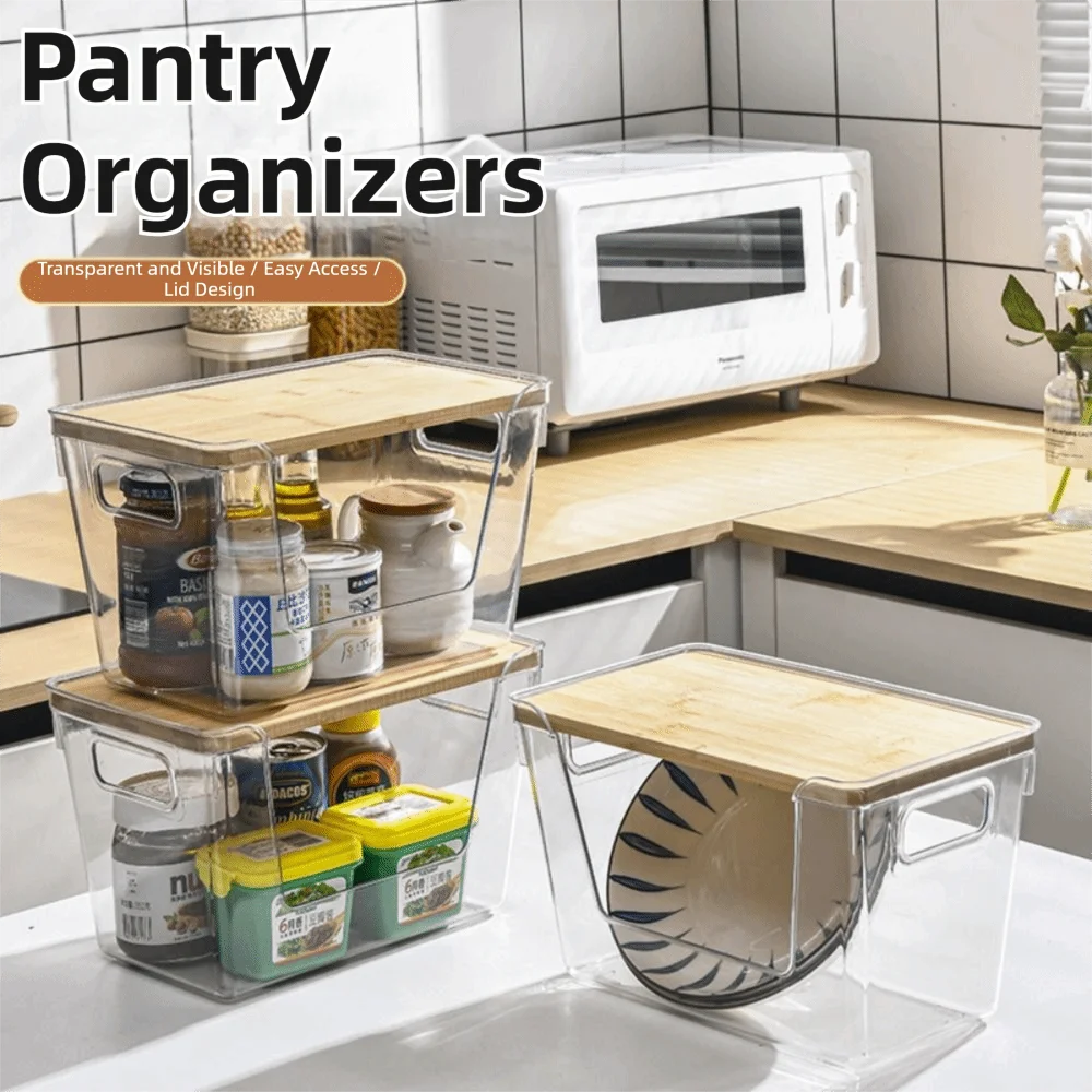 Stackable pantry organizers featuring clear PET containers and bamboo lids displayed on a kitchen counter.