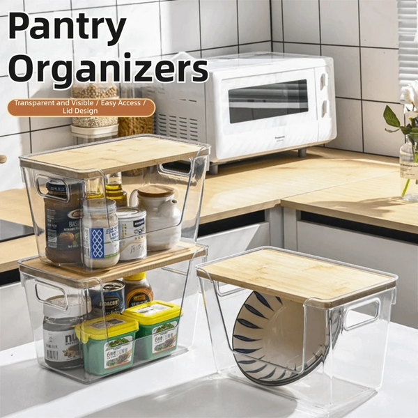 Stackable pantry organizers featuring clear PET containers and bamboo lids displayed on a kitchen counter.