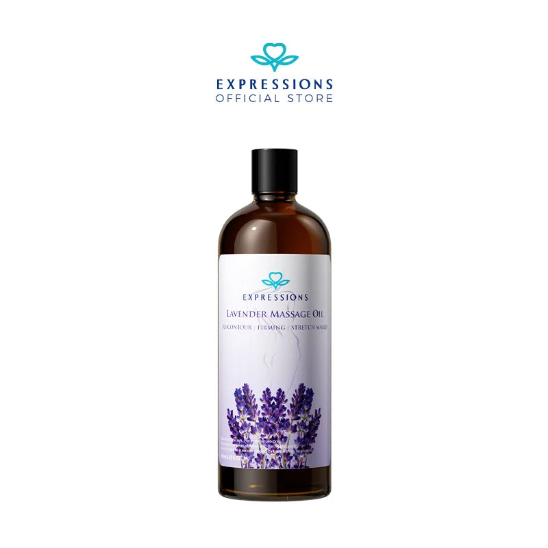 Dunkle Glasflasche Lavendel-Massageöl mit weißer Etikett, lila Lavendelblüten und dem Expressions Official-Logo