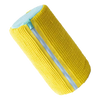 A bright yellow reusable shoe washing bag with a light blue trim and a silver zipper.
