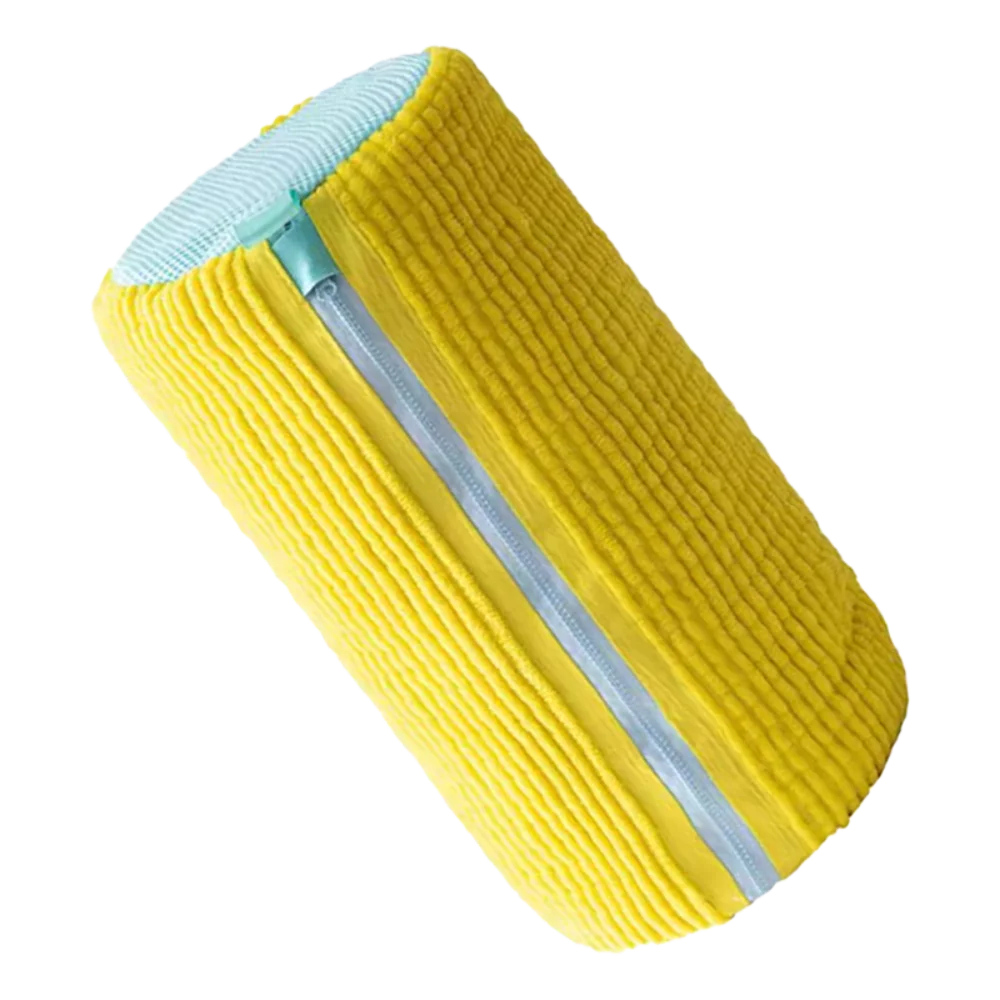 A bright yellow reusable shoe washing bag with a light blue trim and a silver zipper.
