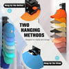 Two hanging methods for a wall mounted hat organizer rack showing orange and blue hats.