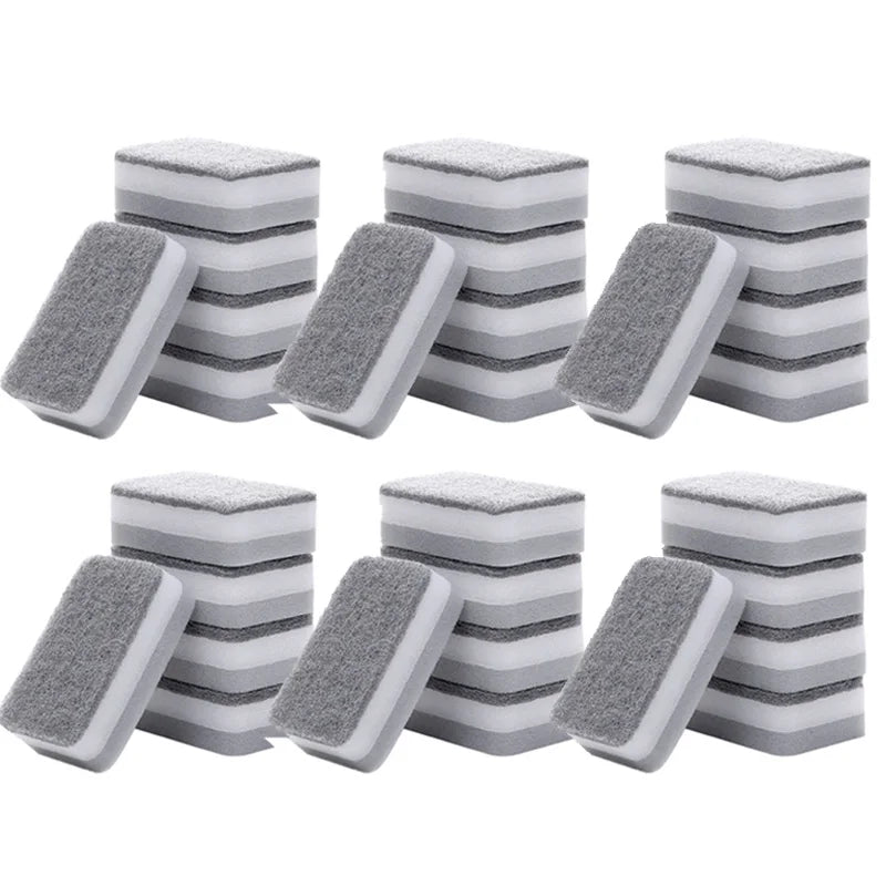 A set of double-sided cleaning sponge wipes stacked in rows, showing gray and white striped patterns.