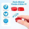 Red reusable silicone vial caps shown with a hand, highlighting safe material, friendly design, and durability.