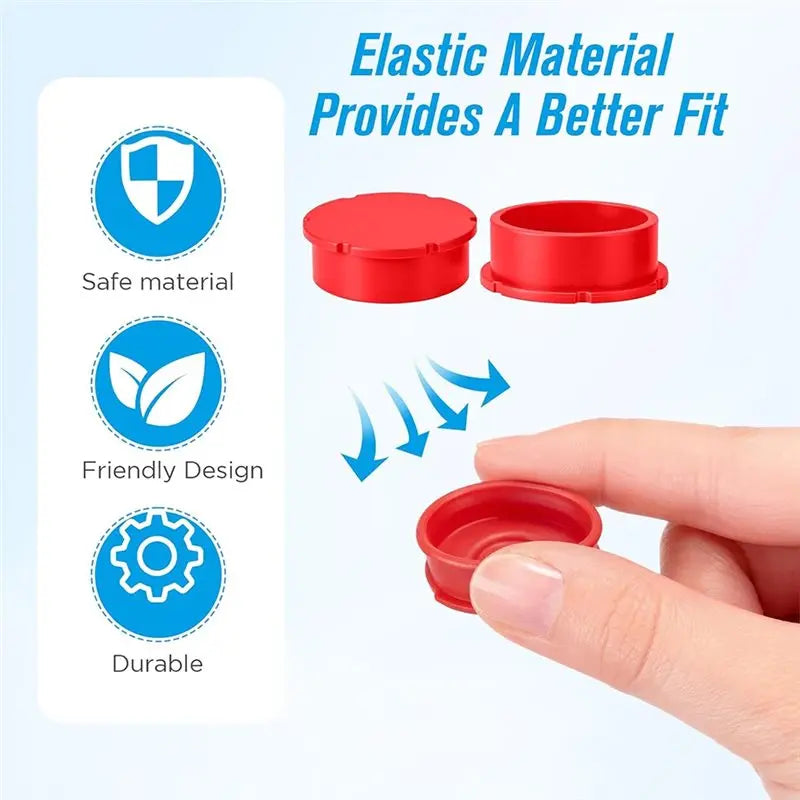 Red reusable silicone vial caps shown with a hand, highlighting safe material, friendly design, and durability.