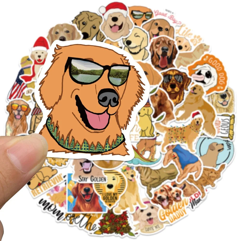 A collection of dog stickers featuring various golden retriever dogs and related themes.