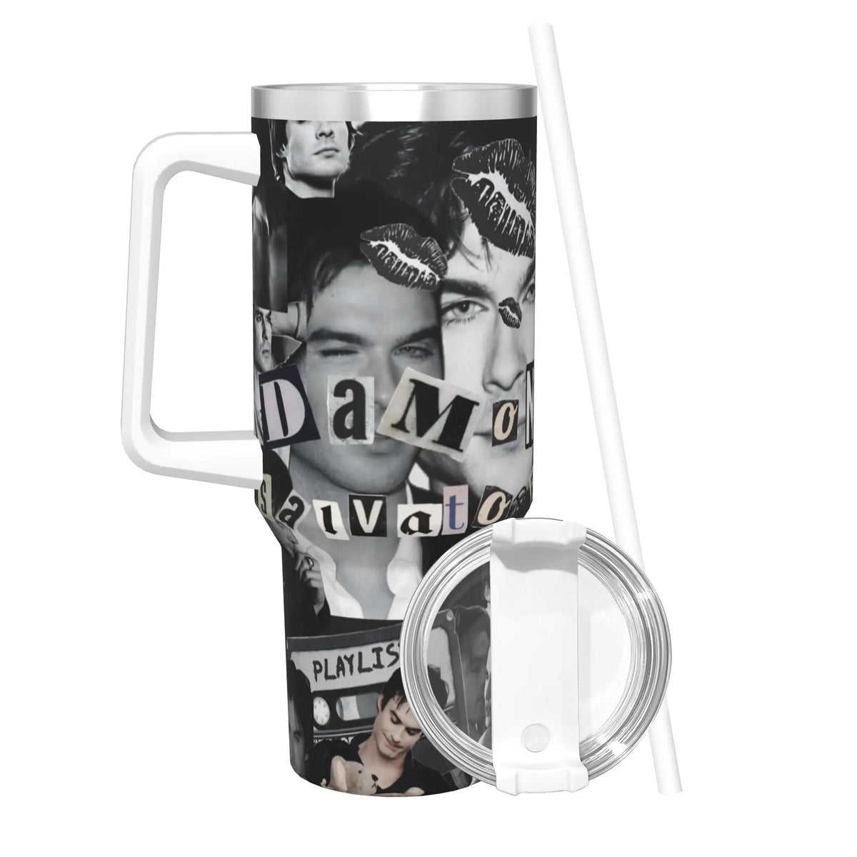 A stainless steel thermal tumbler with a straw featuring a portrait of a man.