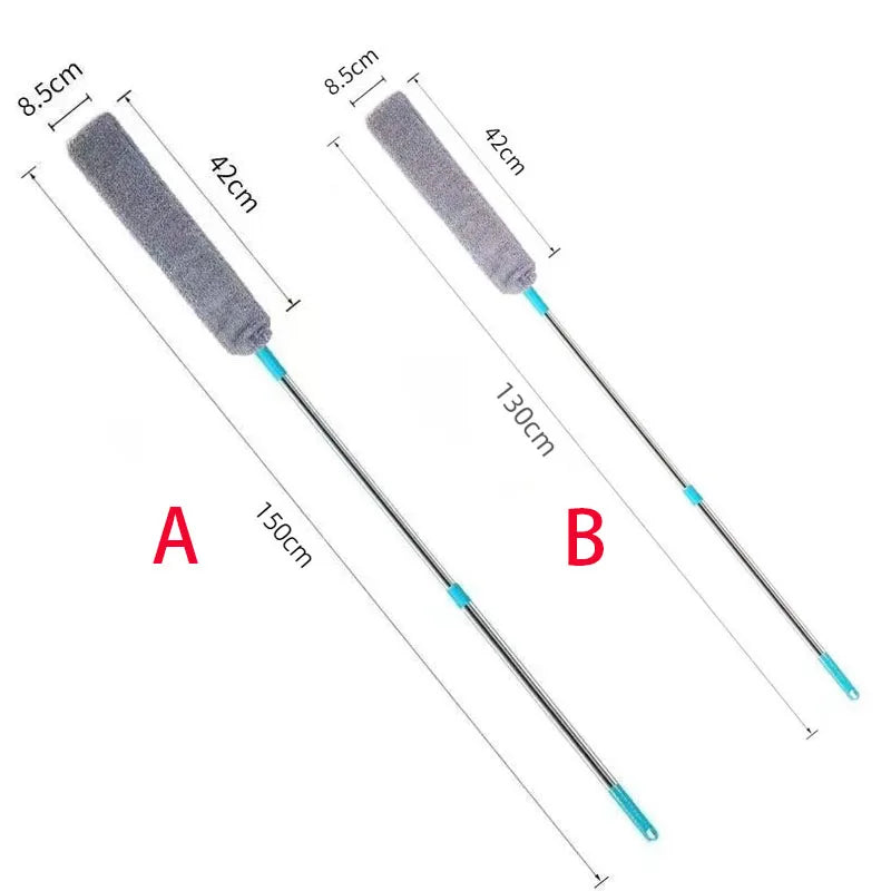 Two long-handled microfiber duster brushes labeled A and B showing different lengths and brush heads